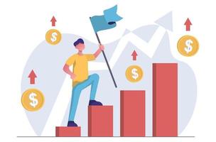 Financial perspective. A man holds the flag and walks up the growth chart vector