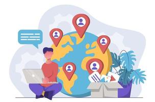 Social network. A man with a laptop computer sits next to a globe on which friends and users around the world are marked vector