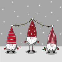 New Year. Christmas. three elves with a beard in a hat with a bumbon and garlands vector