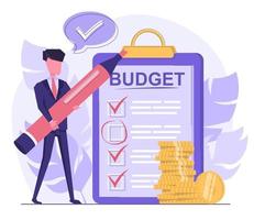 Analyzing budget. Businessman holding a marker and standing next to a planner with a clipboard vector