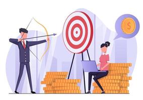 A businessman shoots an arrow at a target that symbolizes a business goal. Nearby, a businesswoman sits on gold coins with a laptop and thinks about earning money. Flat vector illustration.