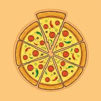 pizza en rodajas con aceitunas, pimientos, salchichas, salami y queso. ilustración vectorial plana. vector