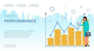 A businesswoman with a briefcase is holding a calculator and standing next to a coin chart showing sales performance growth. Flat vector illustration.