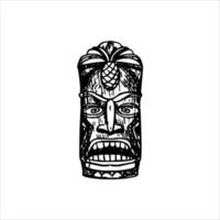 silueta del icono del ídolo tiki. ilustración simple de un ícono de ídolo tiki para diseño web aislado en un fondo blanco, máscara de madera tribal tiki, planta exótica tropical y tablero de bambú. Hawai tradicional vector