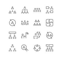 Set of teamwork and business communication related icons collaboration, research, meeting and linear variety vectors. vector
