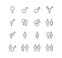 Set of gender related icons, public restroom sign, different gender user avatar, relationship and linear variety vectors. vector