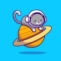 Lindo gato astronauta acostado en la ilustración del icono del vector de dibujos animados del planeta. concepto de icono de espacio animal vector premium aislado. estilo de dibujos animados plana