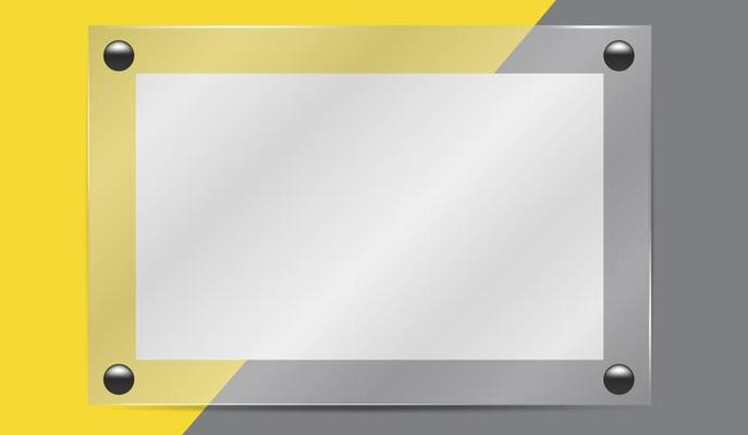 Blank poster in 3d realistic glass frame on yellow gray background