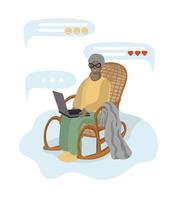 Happy african-american grandma with laptop vector