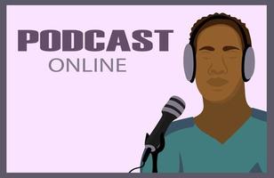 Microphone and man with headphones. Promo banner for Podcast vector