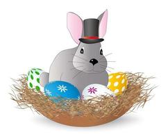 Cartoon Easter bunny in a top hat sits in a nest with Easter eggs on a white background. Vector. vector