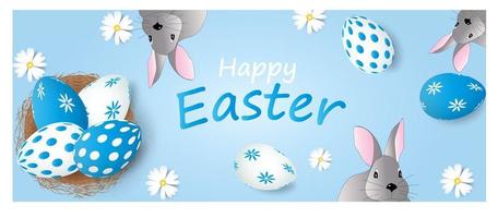 Easter poster and banner template with easter bunny and nest with easter eggs on blue background. Vector illustration. Trendy design for greeting card or invitation