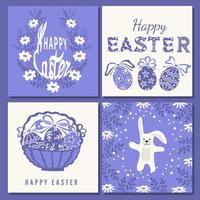 Easter square cards templates. Cute easter eggs, rabbit, branches and flowers. Perfect for poster, print, card, invitation, greeting, tag. Vector  illustration