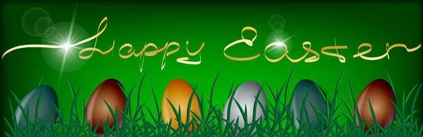 Easter poster and banner template with Easter eggs in the grass on a green background. Calligraphic inscription. Vector illustration. Trendy design for greeting card or invitation