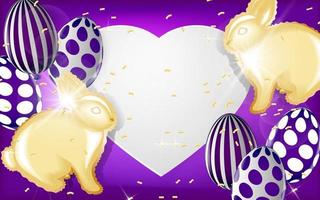 Balloons in the form of Easter bunny and eggs on a purple background. Place for your text. Realistic 3D vector illustration. Trendy design for greeting card, banner, poster or invitation