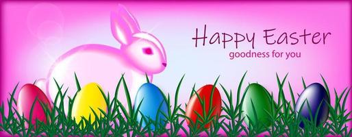 Pink Easter bunny and colorful eggs on a pink background. Easter poster and banner template. Realistic 3D vector illustration. Trendy design for greeting card or invitation