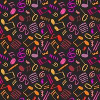 Vector seamless various bright color hand-drawn pattern with swirls, stripes, musical notes and treble clef. Grunge music theme dark minimalistic backdrop.