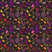 Vector seamless various bright color hand-drawn pattern with swirls, stripes, musical notes and treble clef. Grunge music theme dark minimalistic backdrop.