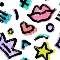 Vector seamless hand-drawn pattern with hearts, circles, stars, stripes, crowns and lips. Grunge shapes colorful backdrop. Bold bright background.