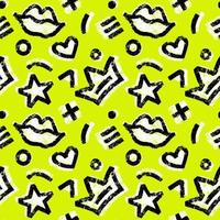 Vector seamless hand-drawn pattern with hearts, circles, stars, stripes, crowns and lips. Grunge shapes colorful backdrop. Bold bright background.