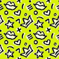 Vector seamless hand-drawn pattern with hearts, circles, stars, stripes, crowns and lips. Grunge shapes colorful backdrop. Bold bright background.