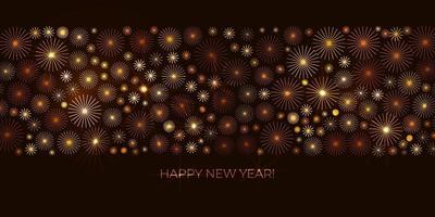 Fireworks vector dark festive horizontal card. Bright shades of gold and bronze geometric fireworks with light effects on black background. Happy New Year celebration template.