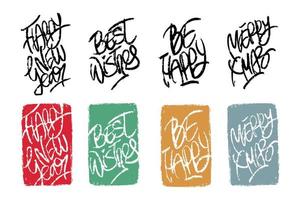 Happy New Year wishes set as stamps. Modern lettering greetings words best wishes, be happy, merry xmas and happy new year in graffiti style. Hand written grunge phrases for cards, banners, posters. vector