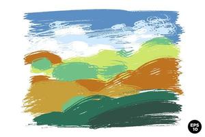 Wax crayon naive hand drawn grass meadow hills with blue sky. Vector pastel chalk background banner. Horizontal landscape colorful backdrop.