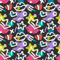Vector seamless hand-drawn pattern with hearts, circles, stars, stripes, crowns and lips. Grunge shapes colorful backdrop. Bold bright background.