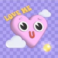 3d rendering Groovy lovely heart character flying between clouds on checkered greeting card. Weird retro Love mascot. Happy Valentines day. Vector render illustration. Love me text.