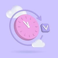 concepto de gestión del tiempo. fecha límite y respuesta rápida y retroalimentación. reloj redondo en estilo de dibujos animados de plástico. ilustración vectorial 3d con marca de verificación, flecha redonda y nubes. vector