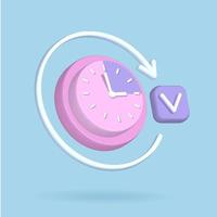 3d round clock icon for time deadline concept. 3d render time watch minimal for manage concept of time, service and support. Check mark and round arrow elements. Vector rendering illustration. 15 min