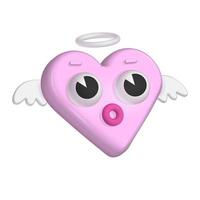Weird funny pink heart with halo and wings in 3d render style. Retro cartoon realistic character. Trendy 3d vector illustration. Isolated simple creative design element. Modern Valentine concept art.