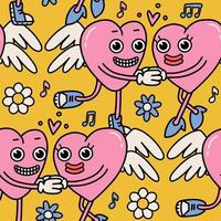 Seamless pattern with pink hearts madcots with wings. Valentine s day repeating background. Weird groovy vector ilustration in retro hippie style. Characters in love holding hands.