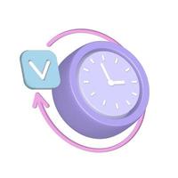 Classic clock icon with checkmark and round arrow. 3d render vector icon isolated on transparent background.