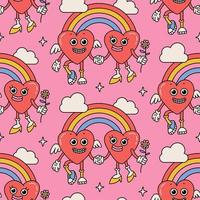 Groovy hippie Valentines Day seamless pattern with retro cartoon heart characters with rainbow and clouds on pink background. Trendy weird 70s,90s style. Couple in love. Line art Vector illustration.