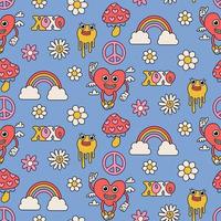 Groovy Retro Valentine s Day love and hearts mascots seamless pattern, digital paper repeating background. Hippie love paper for fabric, wrapping, stationery design. Vector linear illustration.