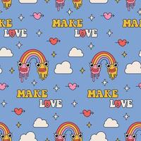 Groovy hippie Valentines Day seamless pattern. Repeating background with retro cartoon characters and sky elements - rainbow, cloud. Trendy 70s style lettering text - Make love. Vector illustration.