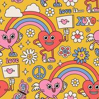 Valentine s day Seamless pattern with hearts mascot characters, rainbow. Weird retro vintage face expressions. Y2K old cartoon comics groovy heart print. Vector Backdrop with contour drawing doodle.