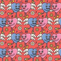 Groovy hippie Valentines Day seamless pattern with retro cartoon heart characters and flowers elements. Trendy weird 70s, 90s style. Winged mascots holding hands and dancing. Vector illustration.