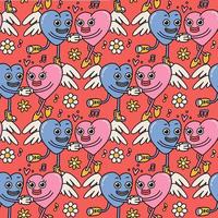 Groovy hippie Valentines Day seamless pattern with retro cartoon heart characters and flowers elements. Trendy weird 70s, 90s style. Winged mascots holding hands and dancing. Vector illustration.