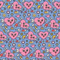 Y2k pink and blue Valentine s day semless pattern. Heart characters with floral hippie elements in trendy 90s style aesthetic. Valentine groovy conception. Stupid cupid. Line art vector in weird style
