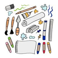 Hand drawn set of artist tools doodle. Art supplies in sketch style. Easel,  brushes, paint, pencils. Vector illustration isolated on white background.  28172964 Vector Art at Vecteezy
