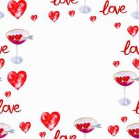 Love red hearts frame Valentines day decor for fabric, invitation, web design watercolor hand drawn border vector