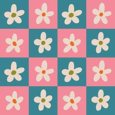 Aesthetic Contemporary printable retro groovy flowers seamless pattern. Decorative Hippie Naive 60's, 70's style Vintage boho background in minimalist style for fabric, wallpaper or wrapping