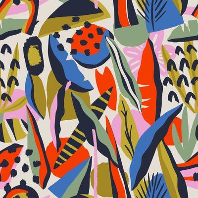 Abstract contemporary seamless pattern with hand drawn shapes, spots, dots and lines with textures. Vibrant boho print. Modern collage vector illustration