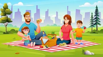 familia feliz haciendo un picnic en el parque. papá, mamá, hijo e hija están descansando juntos en la ilustración del vector de la naturaleza