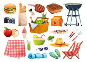 Set of picnic elements. Basket with food, beverage, fruits, grilling equipment vector illustration