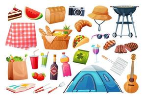 Set of picnic elements illustration. Basket with food, beverage, fruits, grilling equipment vector