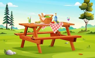 configuración de picnic compuesta de canasta con comida, frutas, sándwiches en la ilustración de vector de mesa